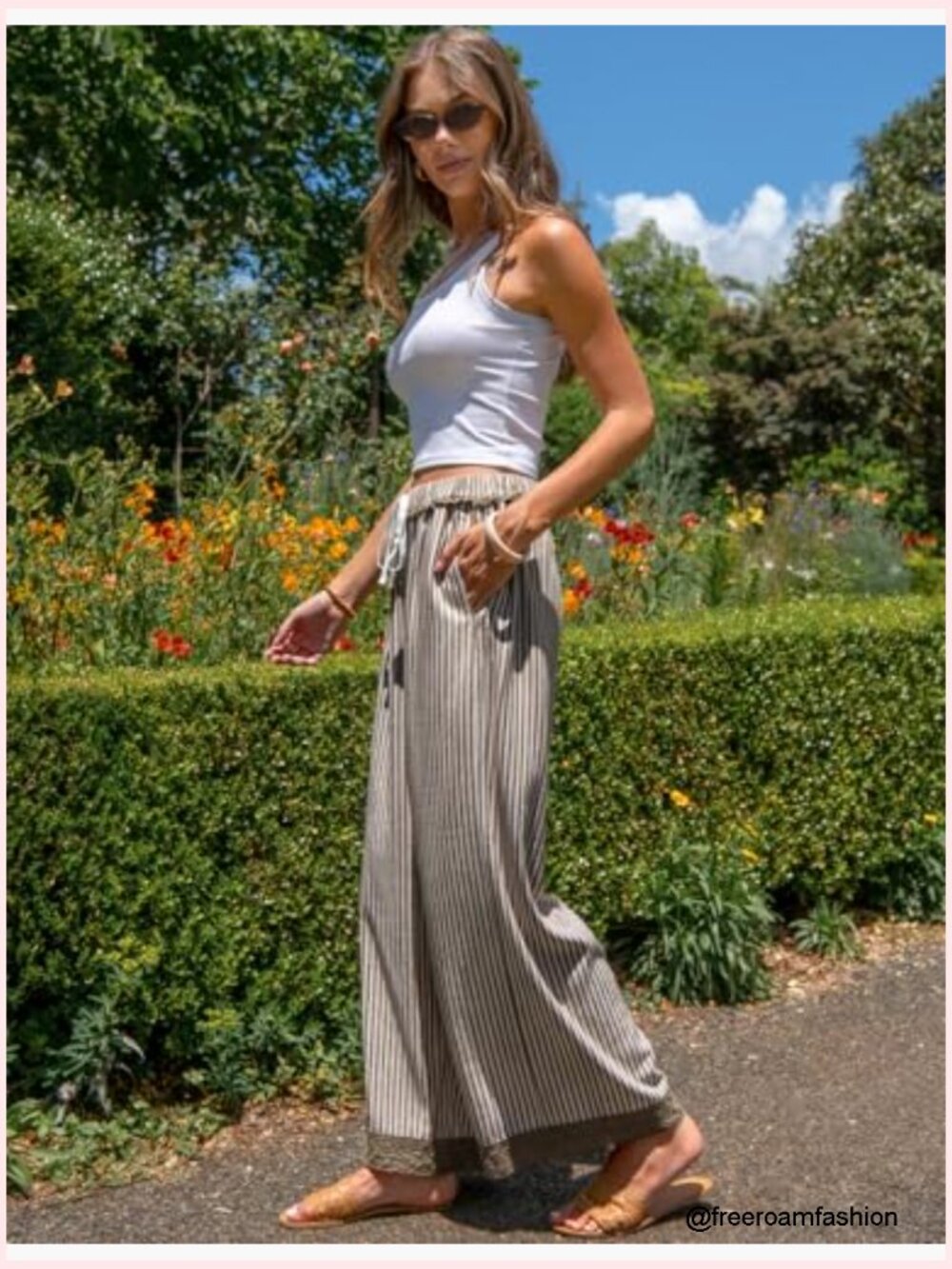 Womens Striped Lounge Pants Wide Leg Loose Fit Drawstring Casual Boho Summer - Picture 4 of 7